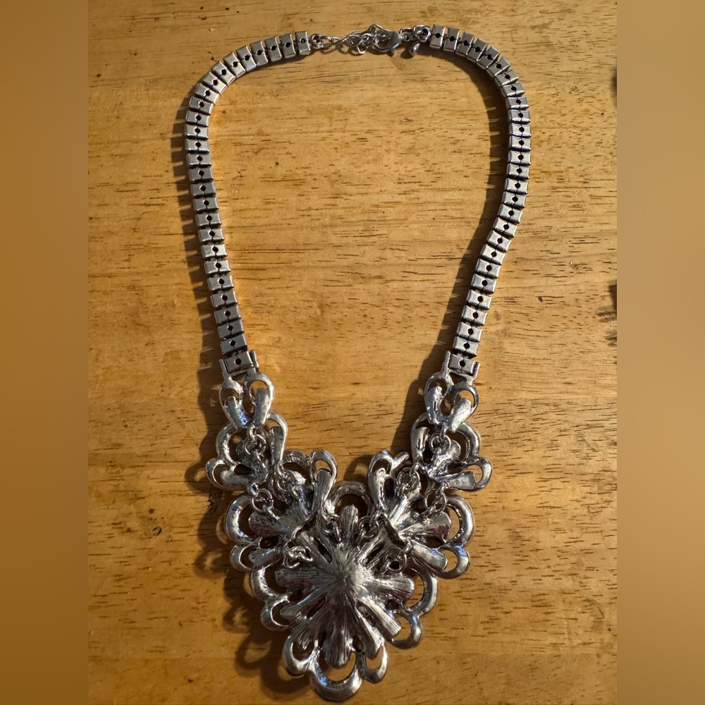 Statement Chunky Silver Tone Rhinestone Necklace - image 6